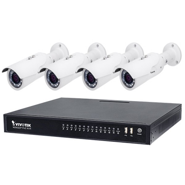 Vivotek ND8322P-2TB-4IB3A 8 Channel NVR, 2TB with 4 x 2MP Outdoor IR Bullet IP Security Cameras